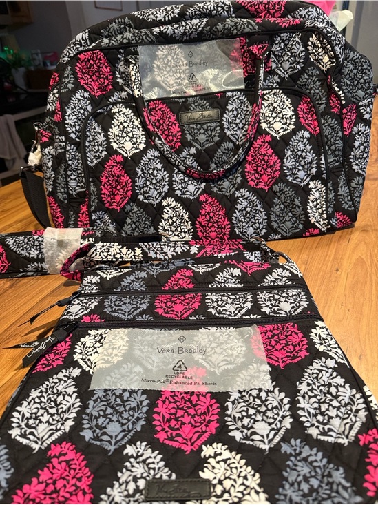 Vera Bradley Handbags - VERA BRADLEY Black Quilted Travel Bag with Pink & Gray Floral Medallions